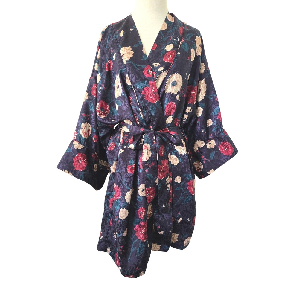 VTG Cacique Purple Floral Satin Kimono Robe Red Cream Damask Wrap Loungewear P/S